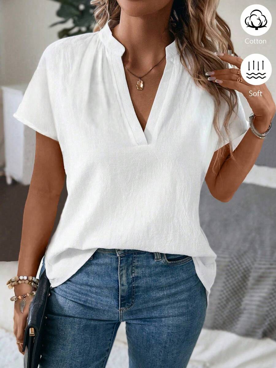 SHEIN Women Blouses Plain Casual - Putih - View 1