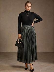 MOTF PREMIUM PLUS SIZE WOMEN'S ELEGANT ELASTIC WAIST PLEATED SKIRT, SPRING/SUMMER 2026 - Dark Grey - View 6