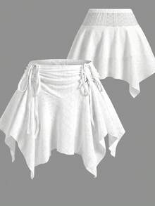 Sweetra Plus Size Elastic Waist Front Drawstring Asymmetrical Hem Skort - White - View 1