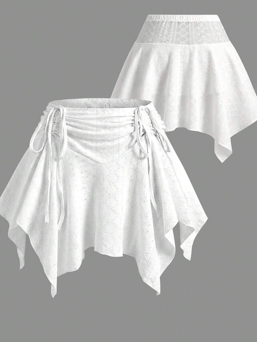 Sweetra Plus Size Elastic Waist Front Drawstring Asymmetrical Hem Skort - White - View 1