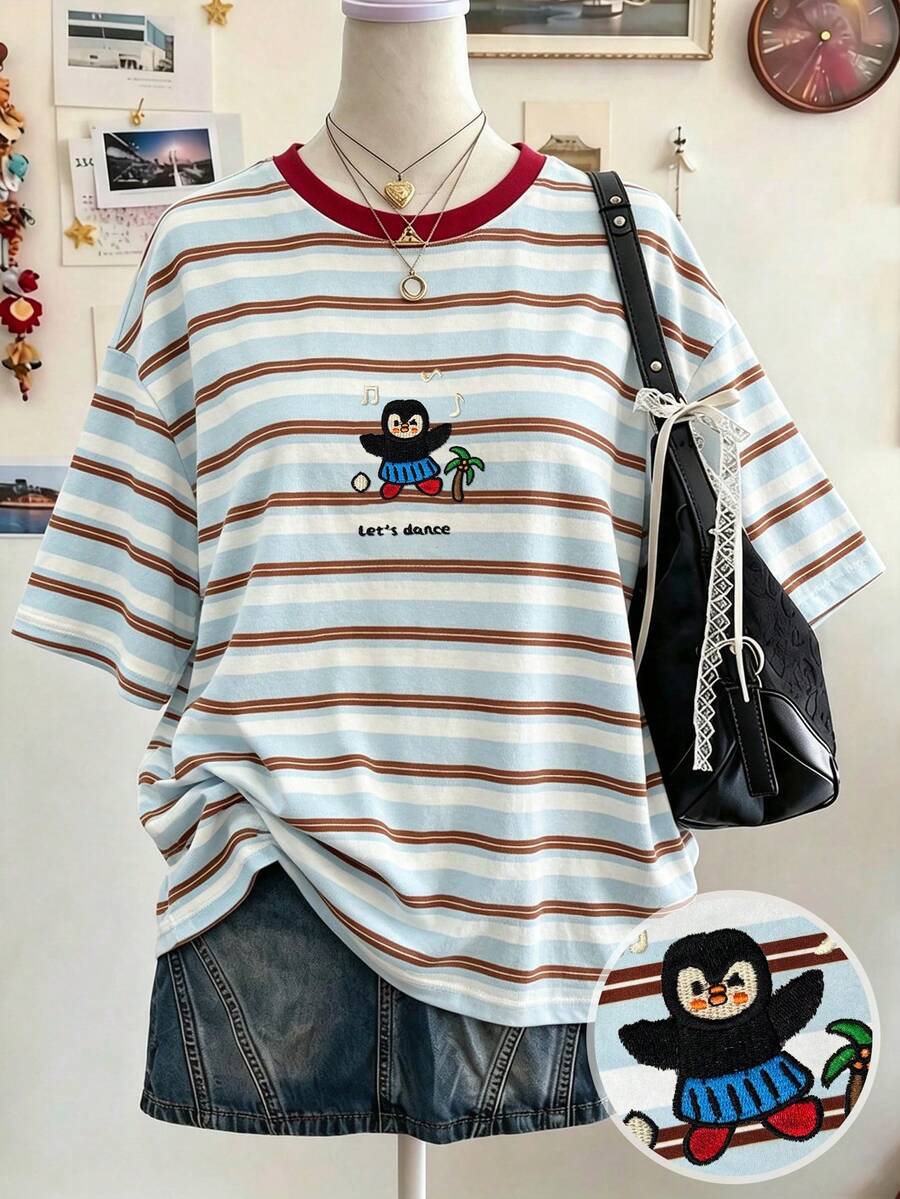 Lalippa Striped Digital Print Penguin Embroidered Fashion Minimalist Women's Plus Size Long Crew Neck Drop Shoulder T-Shirt, Gift For Friends - Multicolor - View 1
