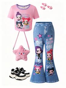 SHEIN 2件組兒童少女淺粉色圓領短袖上衣與寬腿褲套裝，夏季新款時尚可愛卡通K-POP女孩印花 - 粉色 - 查看 3