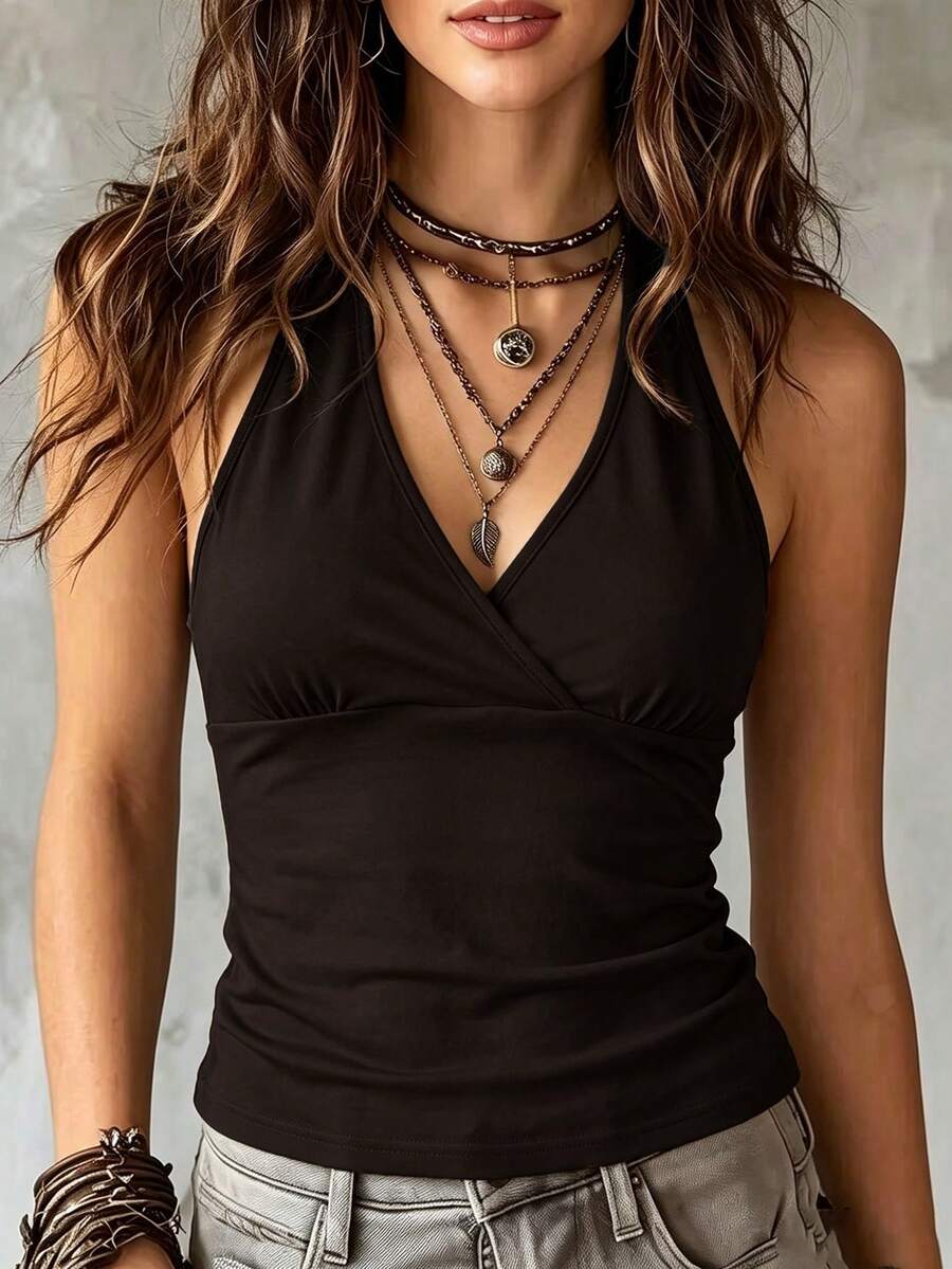 Glimmora Solid Color Women's Halter Tie Tank Top - Multicolor - View 1
