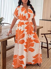 Weeklong 大尺碼女款春夏彩色復古條紋印花長袖打結領 A 字版休閒度假長洋裝 - 彩色 - 查看 1