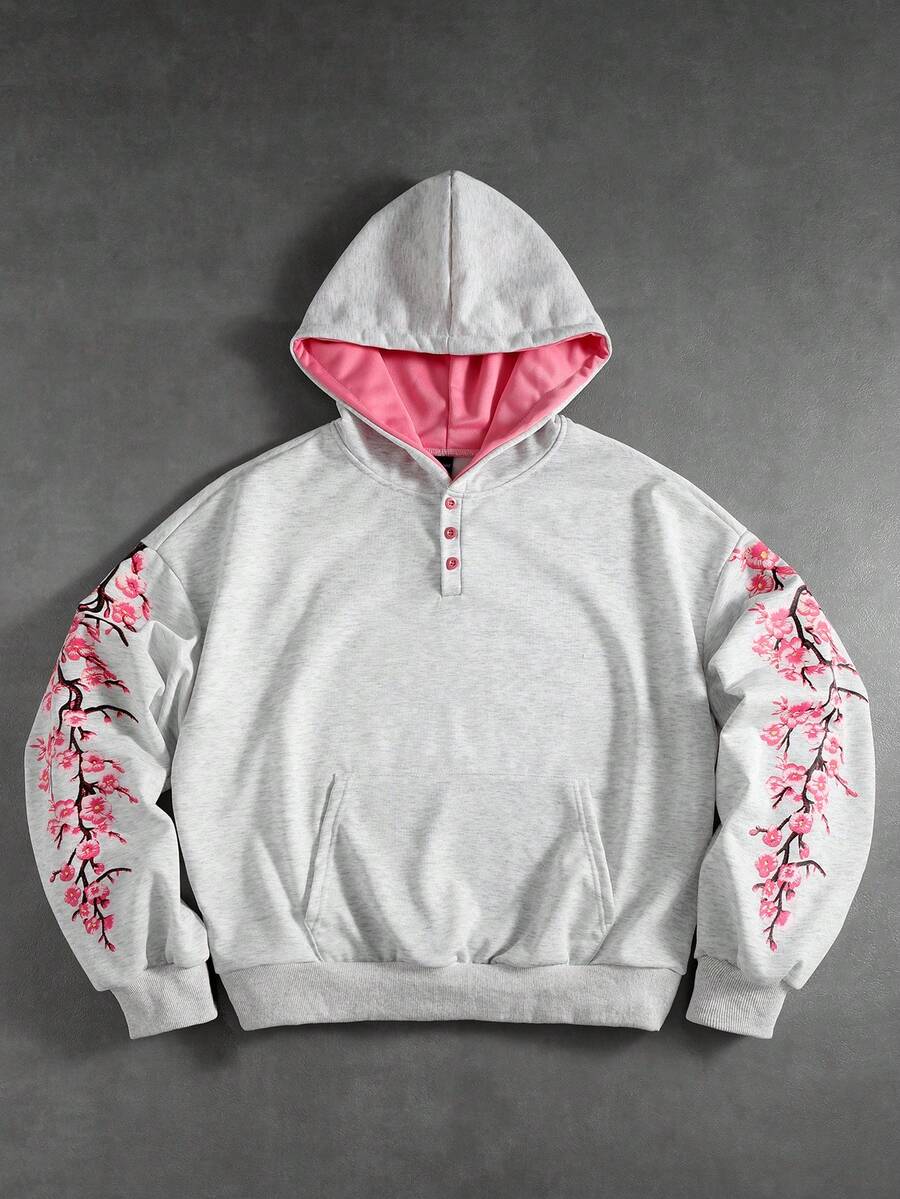 ROMWE MEN Men's Floral Print Colorblock Loose Fit Hoodie - Grey - View 1