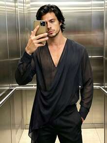 ZURIURI Men's Sheer Casual Elegant Long Sleeve Shirt - Black - View 7
