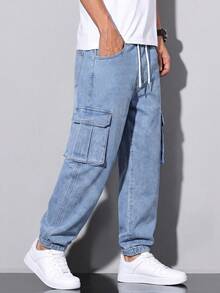Celana Jeans Denim Saku Kargo Pinggang Tali Serut untuk Anak Laki-Laki Remaja - Medium Wash - View 5
