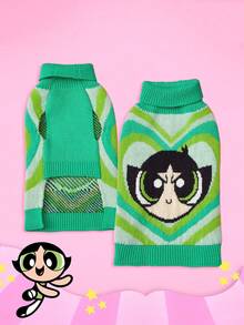 THE POWERPUFF GIRLS X PETSIN 1件綠色愛心可愛卡通提花高領寵物毛衣，超彈力保暖，讓貓狗舒適時尚，柔軟透氣面料，適合室內依偎或戶外散步 - 綠色 - 查看 1