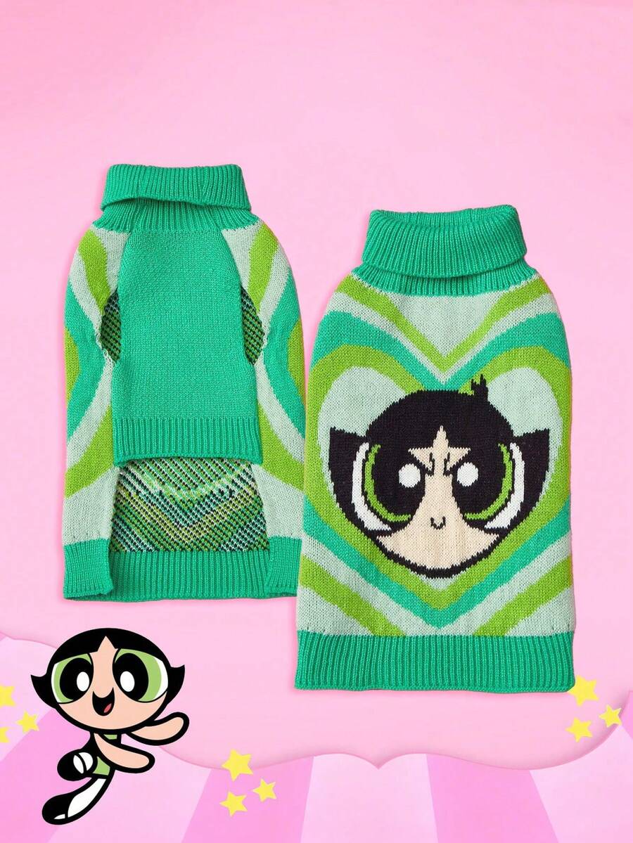 THE POWERPUFF GIRLS X PETSIN 1件綠色愛心可愛卡通提花高領寵物毛衣,超彈力保暖,讓貓狗舒適時尚,柔軟透氣面料,適合室內依偎或戶外散步 - 綠色 - 查看 1