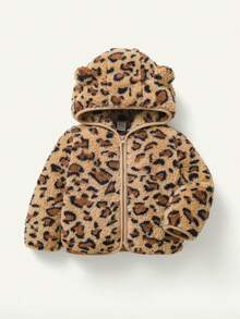Cozy Pixies Baby Girl Leopard Print Hooded Fleece Winter Jacket & Belly-Covering Mid-Weight Long Pants Set - Camel - View 9