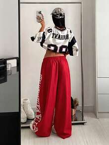 StreetHx Women's Streetwear Letter Print Elastic Waist Wide Leg Long Pants - Red - View 2