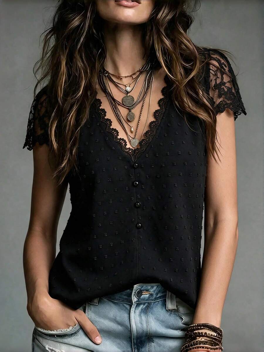 EMERY ROSE Swiss Dot Guipure Lace Detail Contrast Embroidered Mesh Blouse - Black - View 1