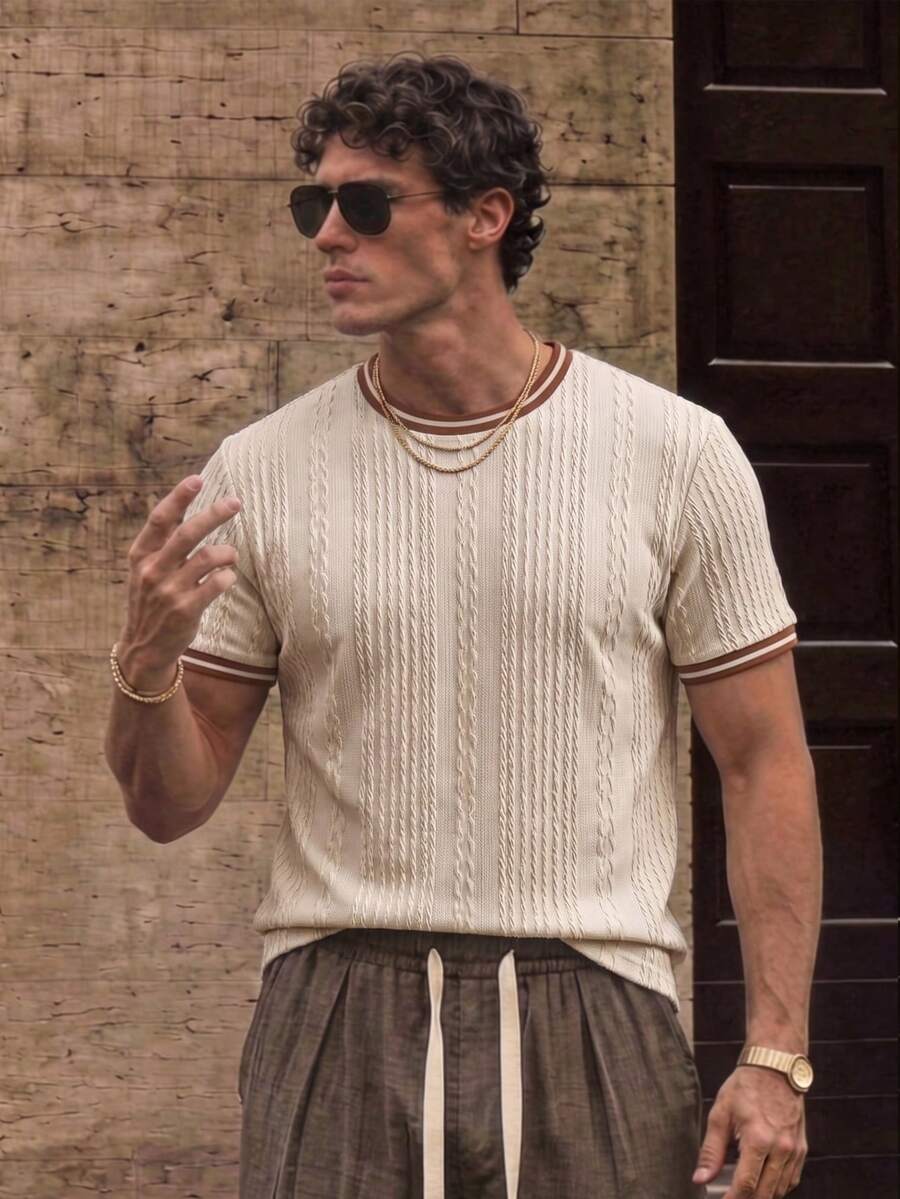SERO LANO Men's Knitted Jacquard Solid Color Textured Collar Cuff Ribbed T-Shirt Going Out Holiday Vacation Striped Summer Casual Tropical - Apricot - View 1