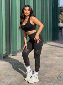 SHEIN Sports Women's Plus Size Mesh Patchwork Casual Daily Travel Sports Leggings - Black - View 3