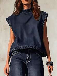 Balvessa Women's Stand Collar Back Zipper Design Loose Casual Denim Top - Blue - View 5
