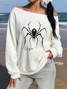 SHEIN EZwear 女款不對稱肩寬鬆休閒長袖衛衣，蜘蛛圖案，街頭風 Y2K，返校季 - 白色 - 查看 5
