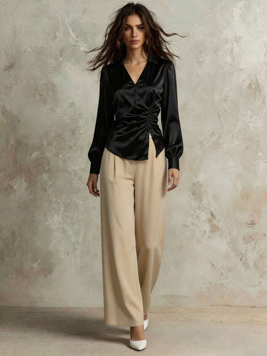 Franclia 2pcs Women's Autumn/Winter Color Block Set, Long Sleeve Crossover Front Shirt, Elastic Waist Wide Leg Pants, Metal Buckle Decor - Multicolor - View 1