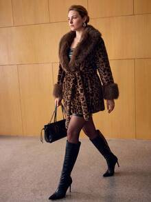 MOTF PREMIUM PLUS SIZE VINTAGE LUXURY LEOPARD PRINT FAUX FUR COAT WITH LARGE FUR COLLAR AND TIE CLOSURE - Brown - View 1