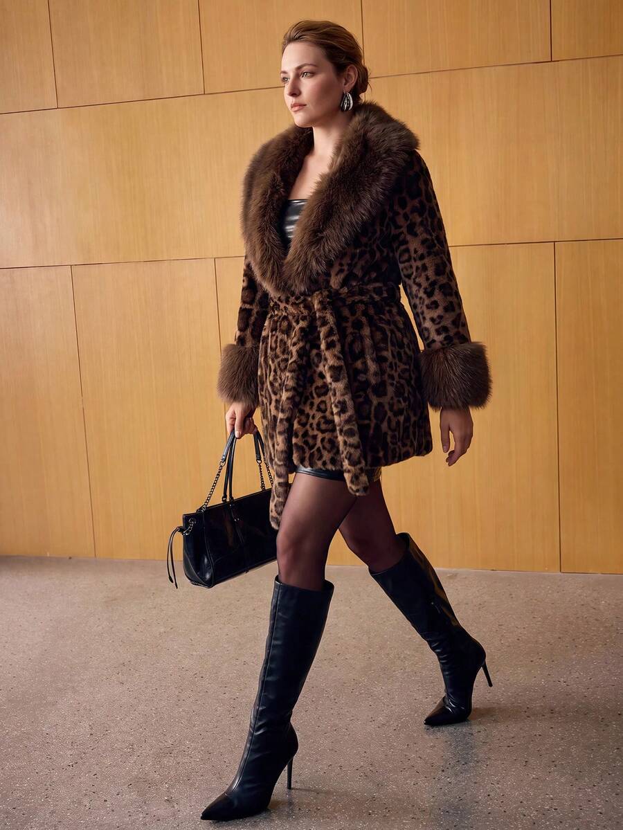 MOTF PREMIUM PLUS SIZE VINTAGE LUXURY LEOPARD PRINT FAUX FUR COAT WITH LARGE FUR COLLAR AND TIE CLOSURE - Brown - View 1