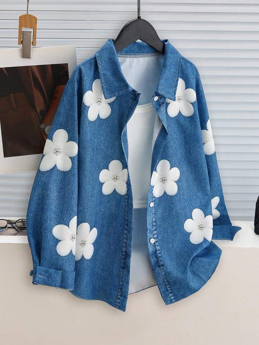 SHEIN 牛仔效果翻領鈕扣襯衫,白色珍珠花卉印花長袖上衣,休閒寬鬆牛仔效果上衣,適合前青春期女孩,春/秋日常校園與街頭穿著,可愛花卉印花童裝 - 藍色 - 查看 1