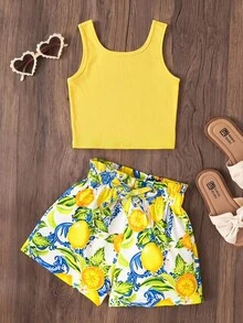Emery Rose Kids Emery Rose Kids Bộ 2 món áo tank top sát nách và quần short họa tiết chanh mùa hè cho bé gái - Màu vàng - Xem 3