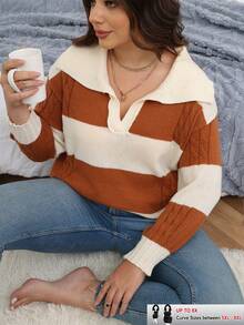SHEIN CURVE+ Plus Two Tone Cable Knit Drop Shoulder Sweater Knit Pullover Fall Winter Sweater - White - View 1