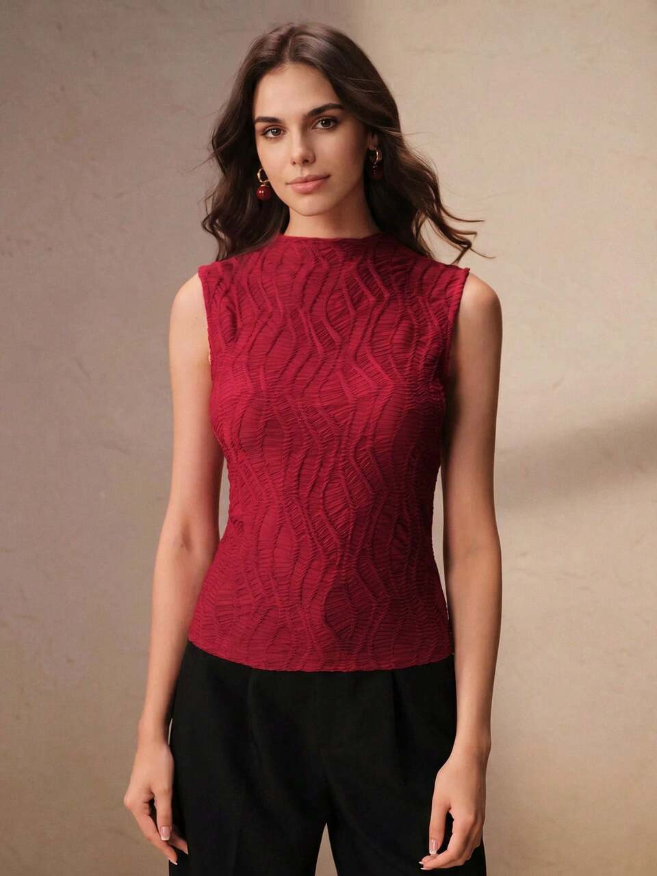 Anewsta Conjunto de 2 piezas de top elegante para mujer de color liso, tela texturizada, sin mangas, cuello ondulado, alta elasticidad, para brunch, verano, en negro, rojo y burdeos