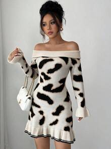 Elenzga Elegant Off-Shoulder Leopard Print Long Sleeve Ruffle Hem Sweater Dress For Women - Multicolor - View 4