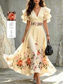 Balvessa Commuter Fashion Elegant Long Multi-Layer Ruffle Dress - Pale Yellow - View 1