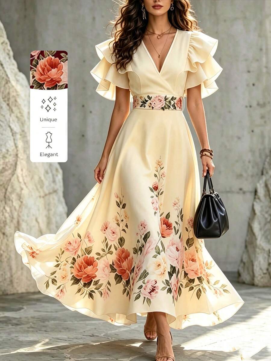 Balvessa Commuter Fashion Elegant Long Multi-Layer Ruffle Dress - Pale Yellow - View 1