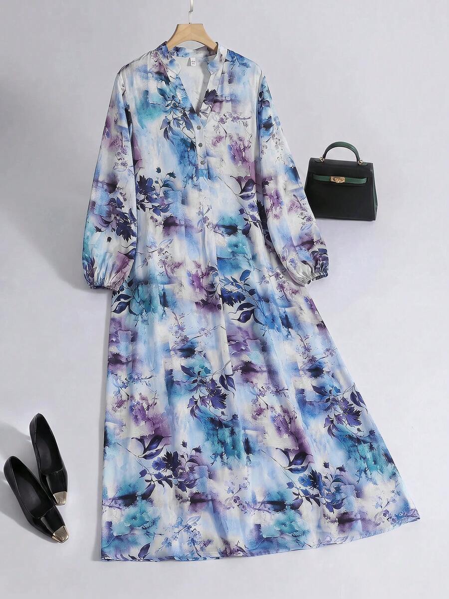 Al Najma Women's Elegant Commuter Floral Print Arabian Dress - Blue - View 1