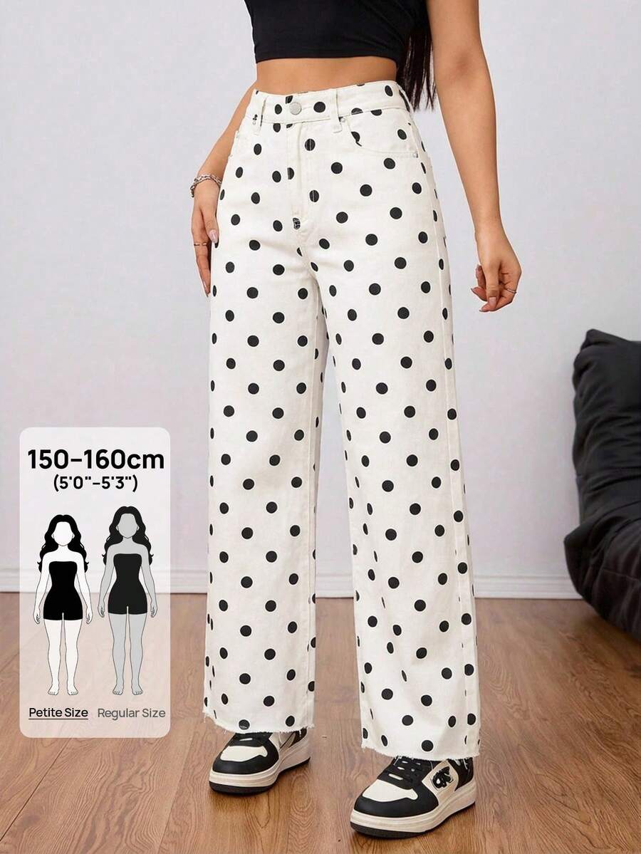SHEIN PETITE 女士波点图案直筒宽松休闲牛仔裤 - 米色 - 查看 1