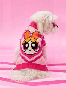 THE POWERPUFF GIRLS X PETSIN 1件粉色愛心可愛卡通提花高領寵物毛衣，超彈性保暖，讓貓狗舒適時尚，柔軟透氣面料，防跳蚤、少掉毛，適合室內依偎或戶外散步 - 粉色 - 查看 4