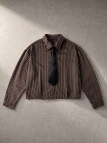 ROMWE MEN 男士條紋寬鬆領帶長袖襯衫 - 咖啡棕 - 查看 1