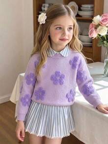 SHEIN Vintaside Kids 女童大童紫色與淺紫色圓領3D提花軟針織套頭上衣，可愛甜美簡約長袖，適合秋冬居家、外出、派對、拍照與戶外玩耍 - 紫色 - 查看 10