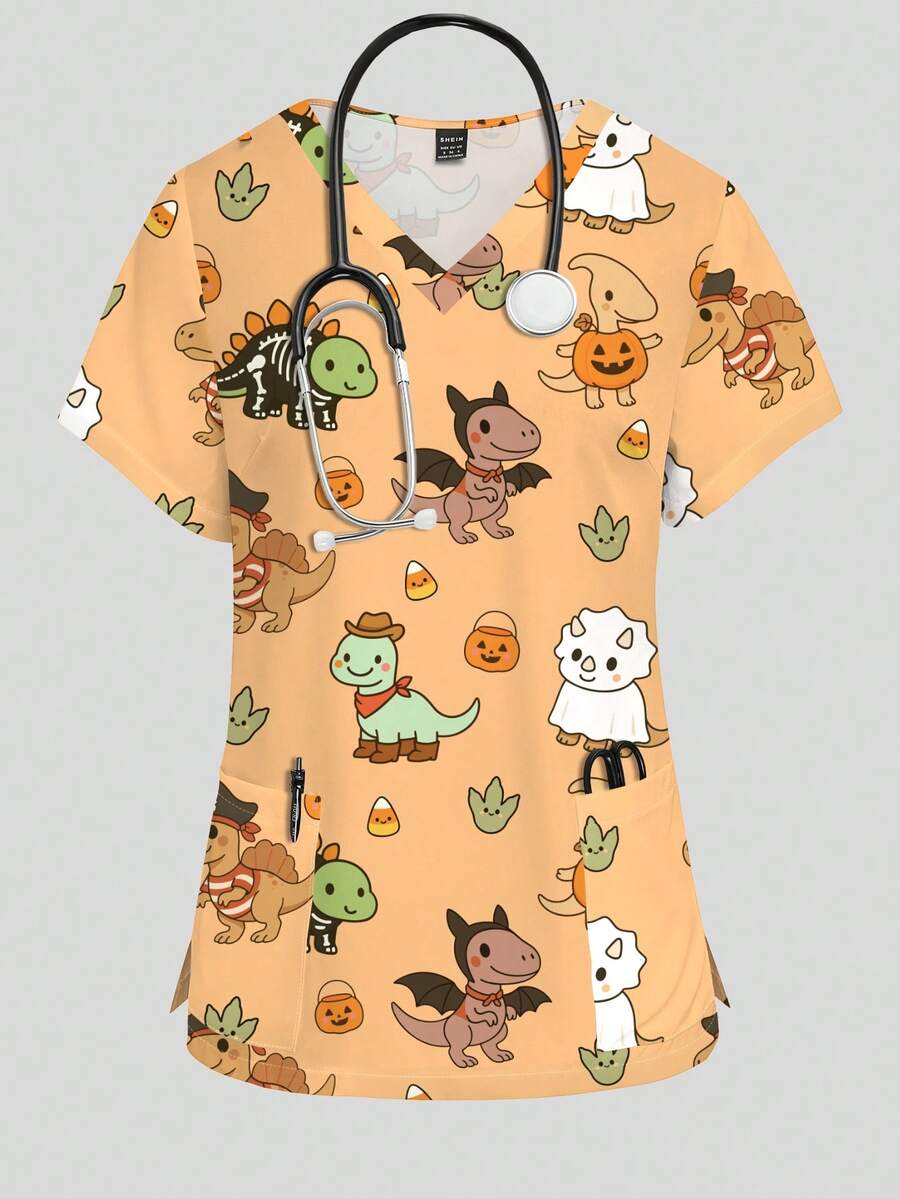 PopScrub Halloween Theme Warm Orange Cartoon Dinosaur & Pumpkin Print Women's Nurse Scrub Top, Spring/Summer Fashion V-Neck Short Sleeve Double Pocket Side Slit Workwear, Cute Surgical Scrub Top For Women, Scrub Top - Multicolor - View 1