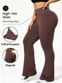 SHEIN Velisys Women's Plus Size Solid Color Ruched Casual Daily Wear Sports Tight Flare Pants - Coffee Brown - View 3