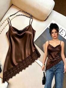 SHEIN 女款優雅對比蕾絲休閒緞面細肩帶背心上衣 - 棕色 - 查看 6
