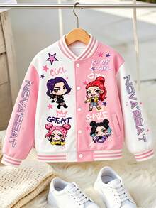 SHEIN Girls' Casual Fashion Spring/Autumn Colorful 3D Floral Contrast Color Baseball Jacket - Pink - View 8