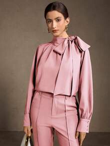 MOTF WOMEN'S PREMIUM OVERSIZED BOW TIE RUCHED LANTERN SLEEVE BLOUSE - Pink - View 4