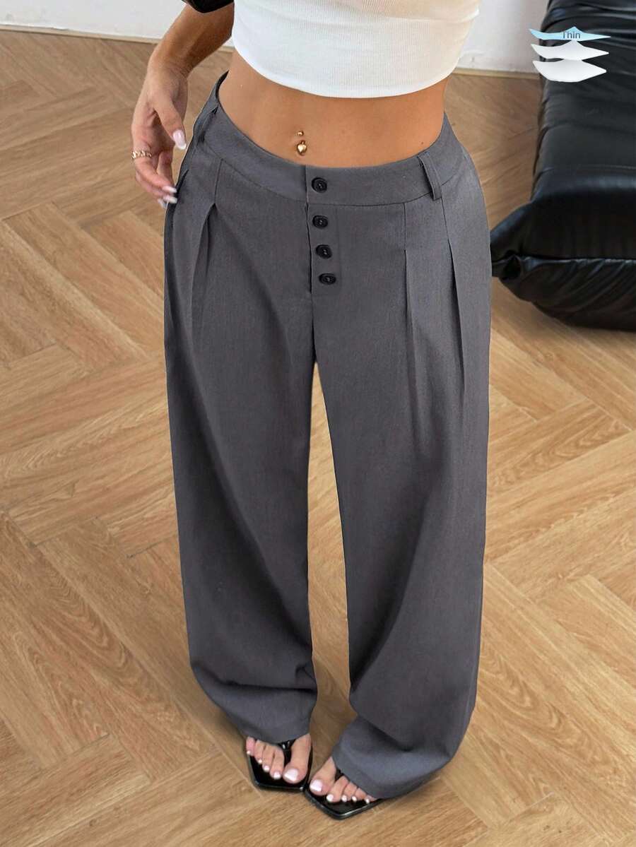 Flirla 女士休闲通勤纯色直筒裤 - 灰色 - 查看 1