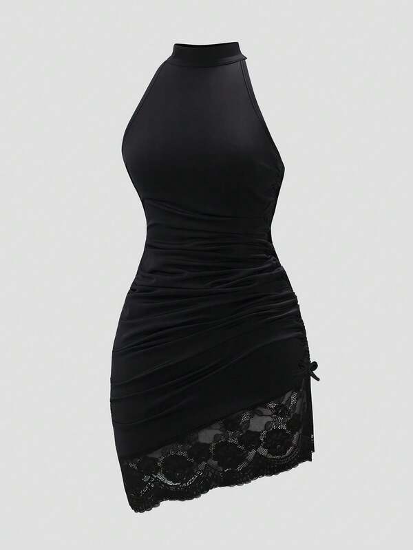 SHEIN Teen Girl Fitted Lace Trim Halter Neck Dress
