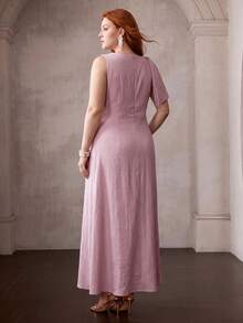 MOTF PREMIUM GAUN A-LINE ELEGAN DAN MODIS UNTUK WANITA UKURAN BESAR DENGAN DEKORASI IKATAN PITA YANG MENYEMPITKAN PINGGANG, DESAIN YANG MELANGSINGKAN - Hot Pink - View 4