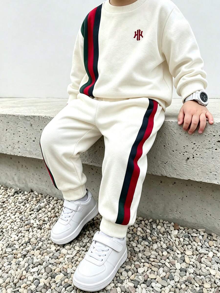 SHEIN 2件組小男孩酷炫個性幾何時尚印花圓領運動衫與運動長褲套裝，生日海灘款，秋季白色 - 彩色 - 查看 1