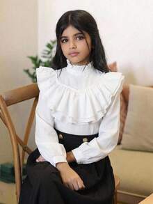 SHEIN 少女純色杏色優雅復古宮廷風立領荷葉邊提花鈕扣喇叭袖上衣（適合日常穿著） - 白色 - 查看 8