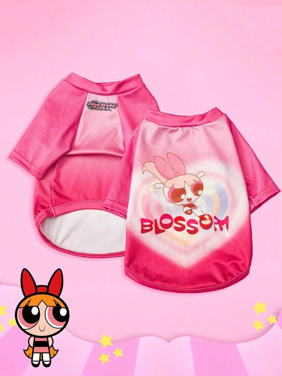 THE POWERPUFF GIRLS X PETSIN 1件可愛大眼睛女孩情書印花休閒寵物T恤，玫瑰紅色，親膚透氣，讓您的貓或狗整天看起來甜美且感覺舒適 - 玫紅色 - 查看 1