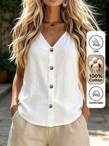 Linhara CURVE Blus Wanita Ukuran Besar, Katun Murni, Warna Putih, Tanpa Lengan, Leher V, Kancing Cokelat, Potongan Reguler - Putih - View 4