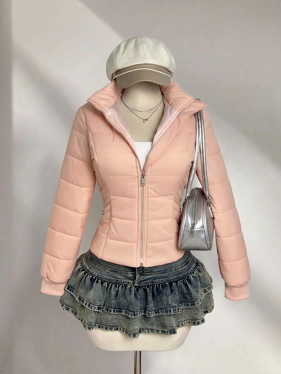 Elamini 女款秋冬休閒時尚百搭街頭風通勤派對口袋收腰棉墊外套 - 西瓜粉 - 查看 1