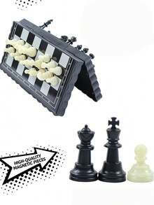Foldable Magnetic Chess & Checkers Board Set With Storage Design, Portable 2-In-1 Tabletop Puzzle Game For Family Entertainmen - Black and White - View 2