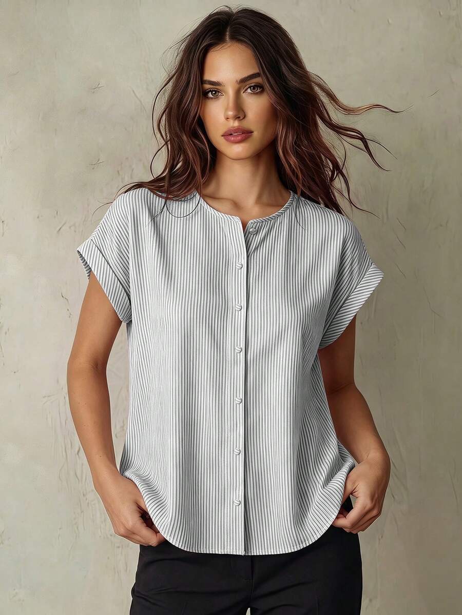 SHEIN Franclia 女士圆领条纹纽扣衬衫 - 彩色 - 查看 1